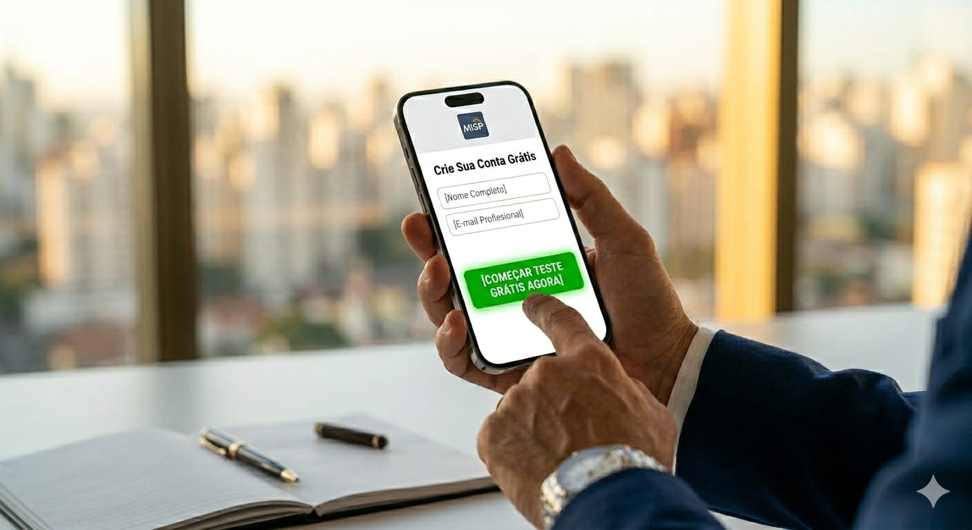 Celular mostrando formulário de cadastro MISP — Crie Sua Conta Grátis