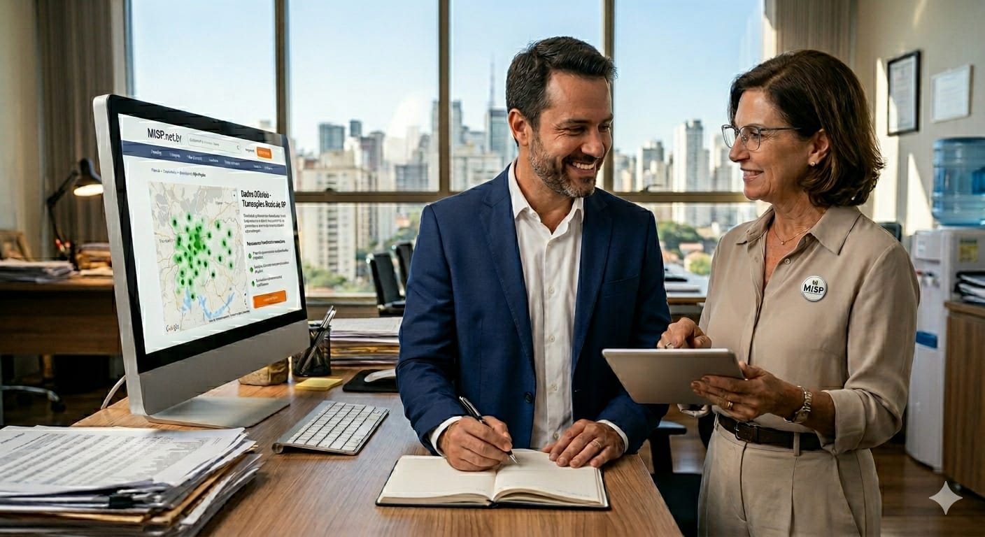 Profissionais analisando dados do MISP em escritório