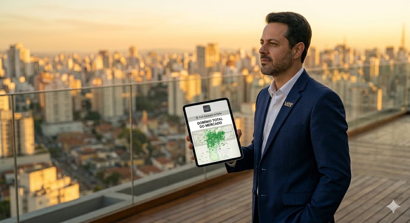 Estrategista imobiliário com tablet MISP mostrando Domínio Total do Mercado, skyline de São Paulo ao fundo